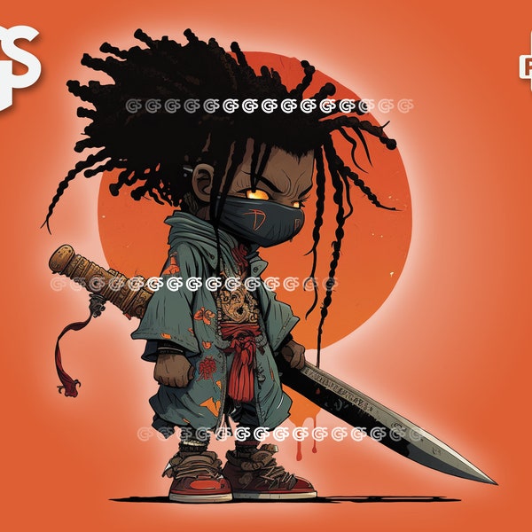 Little Black Ninja PNG | Afro Samurai Lover, Digital Download, Sublimation, DTG ClipArt, Japanese Art TShirt Design