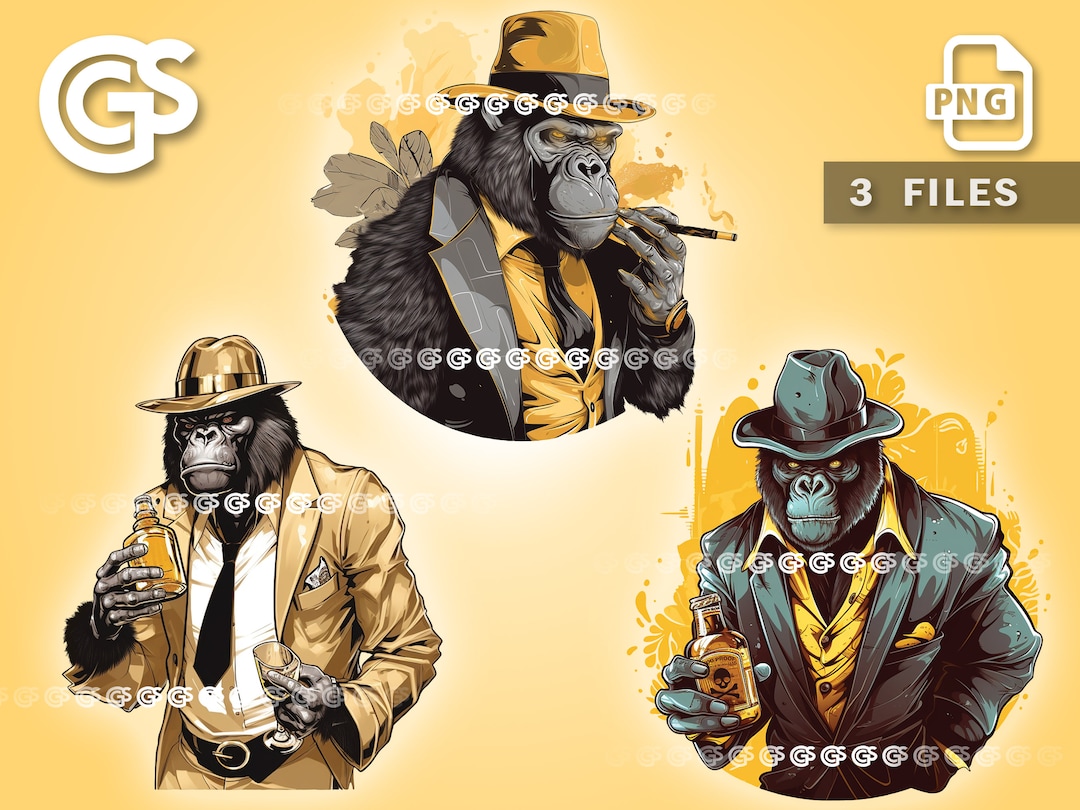 Gold Gangster Ape Bundle (3) PNG | Graphic T-shirt Digital File, Monkey