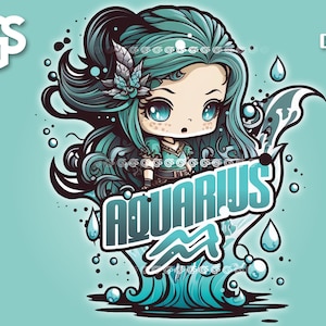Cute Aquarius Zodiac Girl  - PNG File, Horoscope T-Shirt Digital Design, Astrology Sublimation, Instant Download, pngs designs