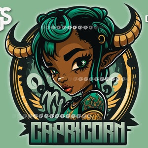 Black Capricorn Zodiac Girl  - PNG File, Horoscope T-Shirt Digital Design, Astrology Sublimation, Instant Download, pngs designs