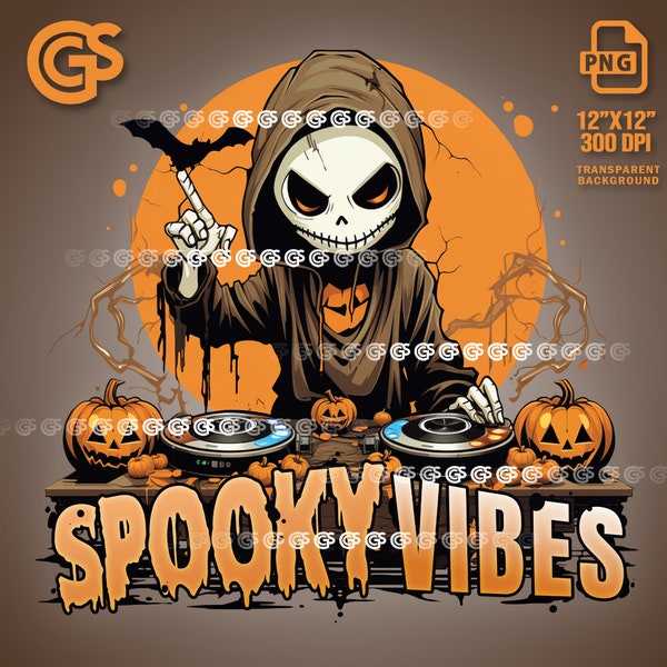 Spooky Vibes DJ PNG | Halloween T-Shirt, Sticker Digital File, Skulls DJ Music Lover, Urban Streetwear Sublimation, dtg Clipart