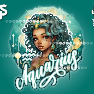 Black Aquarius Girl Zodiac PNG File | Horoscope T-Shirt Digital Design, Astrology Sublimation ,  Instant Download, pngs designs