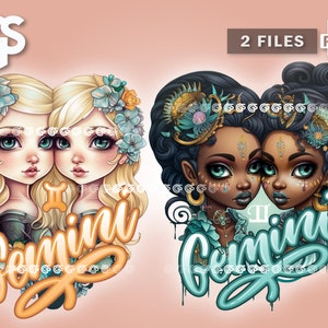 Gemini Twins Zodiac Bundle (2) PNG Files | Horoscope T-Shirt Digital Design, Astrology Sublimation, Instant Download