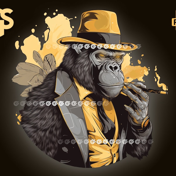 Gangster Smoking Ape PNG | Graphic T-Shirt Digital File, Monkey Gorilla Lover, Urban Sublimation, King Kong DTG Clipart