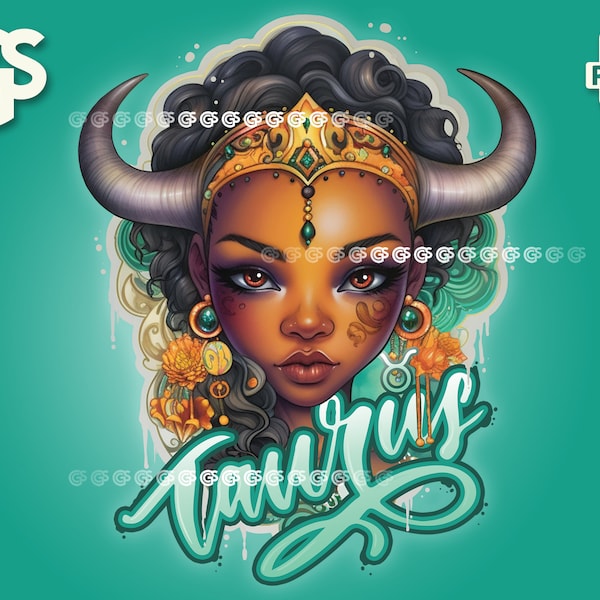 Black Taurus Girl Zodiac PNG File | Horoscope T-Shirt Digital Design, Astrology Sublimation DTG, Clipart Instant Download