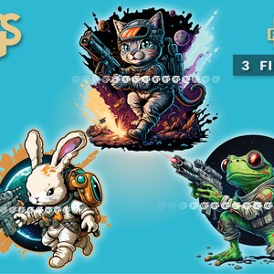 Paquete de mascotas espaciales (3) PNG: camiseta con emotes de astronauta, conejo, gato y rana, archivo digital, animales chibi, lindo vector de sublimación