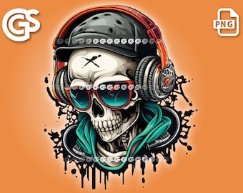 DJ SkullBoy with Headphones PNG - Graffiti T-Shirt, Sticker Digital File, Skulls DJ, Urban Streetwear Sublimation, dtg Clipart