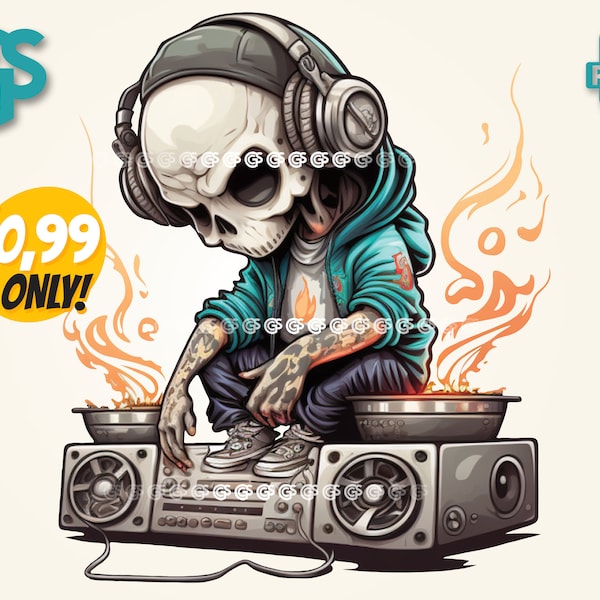 DJ SkullBoy Fire Turntables PNG - Graffiti T-Shirt, Sticker Digital File, Skulls DJ, Urban Streetwear Sublimation, dtg Clipart