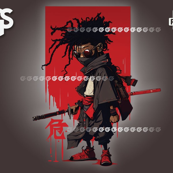 Little Black Samurai PNG | Afro Samurai Lover, Digital Download, Sublimation, DTG ClipArt, Ninja Art TShirt Design