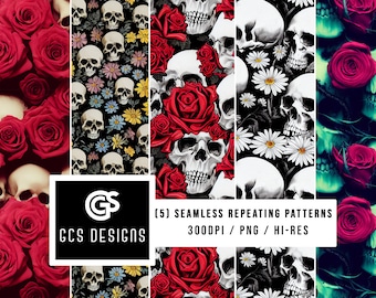 Digital Paper Skulls and Flowers - (5) Seamless Pattern Repeating Design File, Background PNG, Sublimation Skull Rose Paper Fabric Patterns