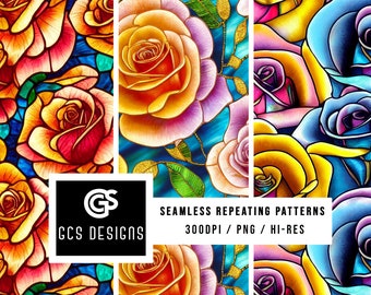 Digital Paper PNG Stained Glass Roses - (3) Seamless Pattern Repeating Design File, Background PNG, Sublimation Rose & Fabric Patterns