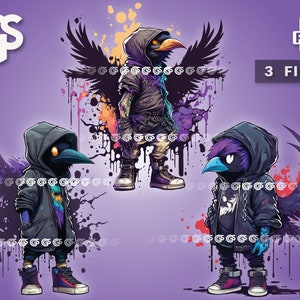 Streetwear Raven Bundle (3) PNG | Graphic T-Shirt Digital File, Black Bird Lover, Graffiti Urban Sublimation, Crows Ravens