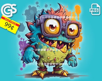 Colorful Monster PNG | T-Shirt or Sticker Digital File, Cute Monsters, Urban Sublimation, DTG Kids Clipart