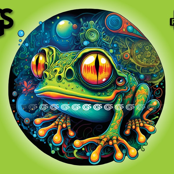 Psychedelic Trippy Frog - PNG - Patch Emote, T-Shirt Digital File, Trippy Sticker Art, Sublimation Vector, DTG Clipart