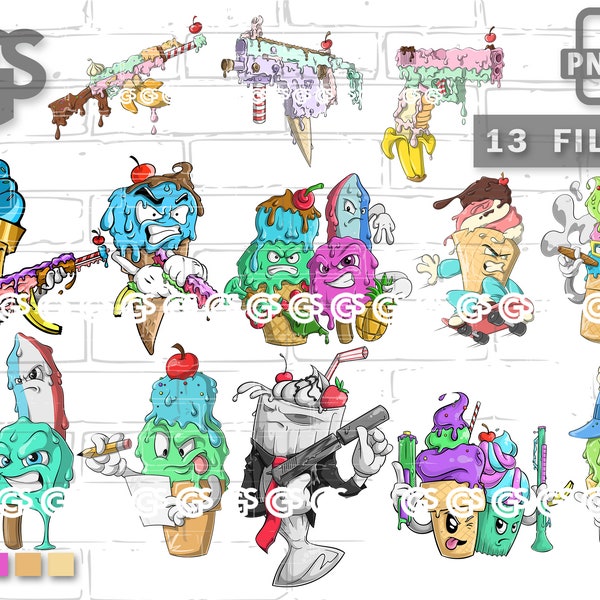 Ice Cream Characters BIG Bundle - PNG File Twitch Emotes, Graphic T-Shirt design, Graffiti, Vector Cricut, Silhouette, Sublimation, DTG