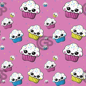 Cute Kawaii CupCakes - Seamless Pattern Repeating Design File, Background PNG Digital Paper, Cherry Pineapple Burger Skulls Pattern