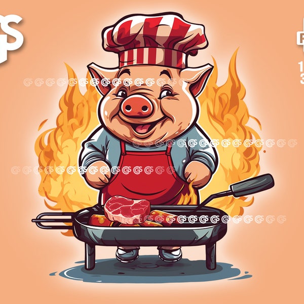 Pig BBQ Chef PNG - Grilling T-Shirt Sticker Digital File, Summertime Barbeque Lover, Urban Streetwear Sublimation, DTG Clipart