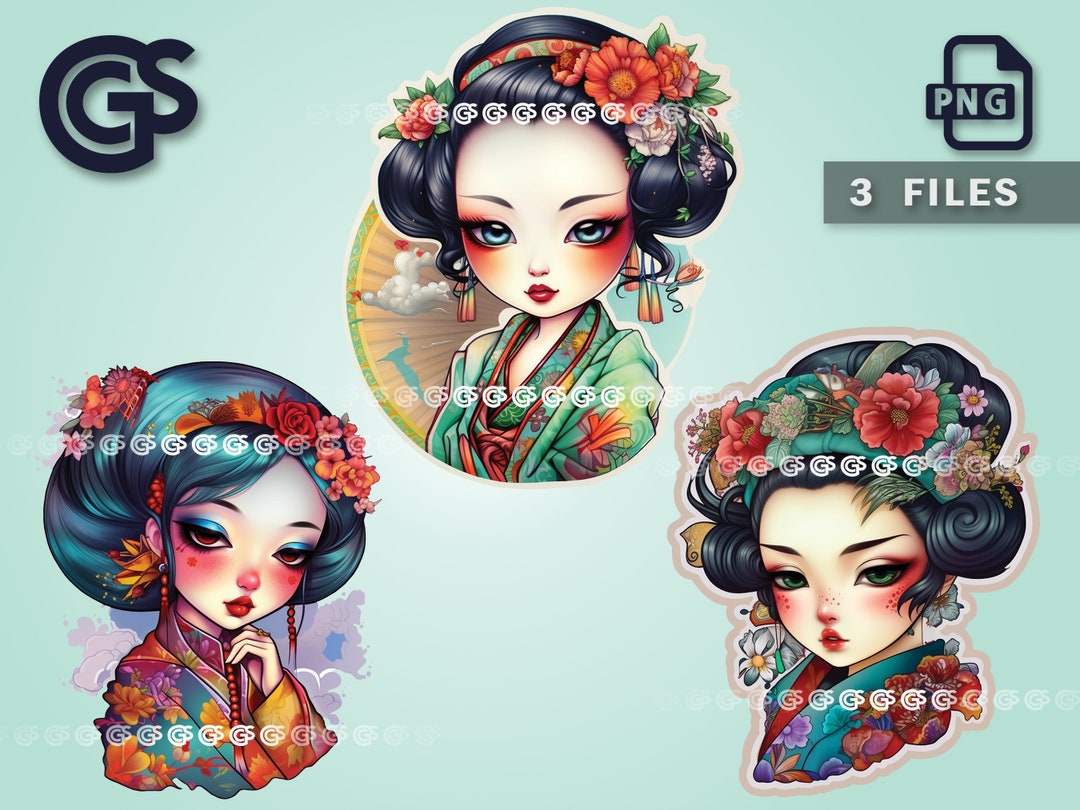 Beautiful Geisha Bundle (3) PNG | Japanese Girl Tshirt Sticker Digital ...