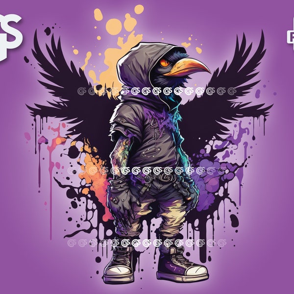 Graffiti Streetwear Raven PNG | Graphic T-Shirt Digital File, Black Bird Lover, Urban Sublimation, Crows Ravens DTG Clipart