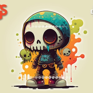 Graffiti-stijl Skull Boy 2 - png-bestand - T-shirt digitale kunst, schedels van chibi-personages, schattige sublimatie kawaii, stedelijk, pngs-ontwerpen