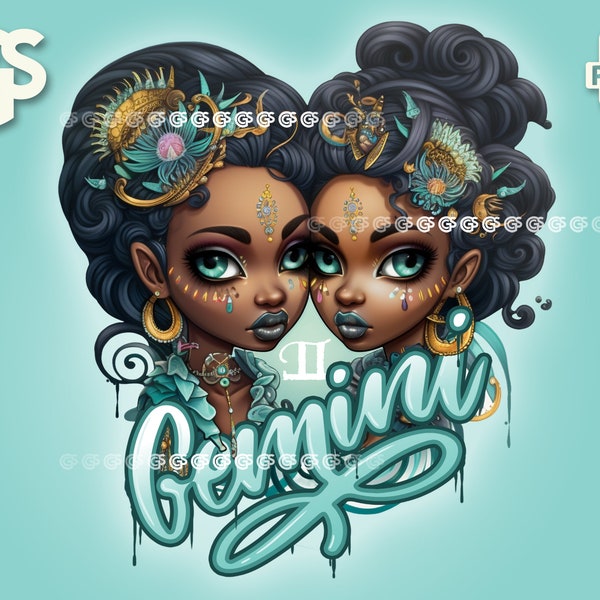 Black Gemini Twins Zodiac PNG File | Horoscope T-Shirt Digital Design, Astrology Sublimation DTG, Clipart Instant Download