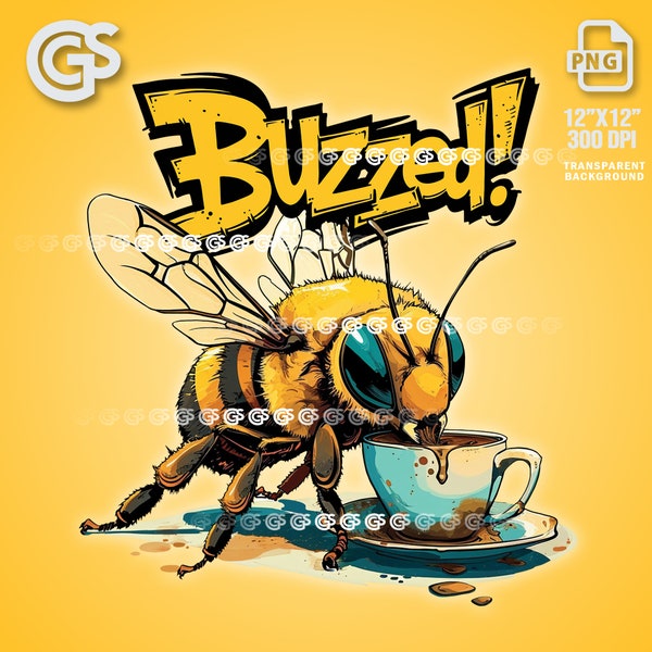 Buzzed Coffee Bee PNG | TShirt & Cups Mugs, Caffeine, Bumble Bee, Sublimation Digital T-Shirt File, DTG Printing, Clip Art