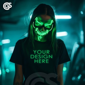 Black Tshirt Mockup | Female Green Purge Mask, Urban Model Shirt Mockup | Digital Mockup | Template T Shirt Mockup | Digital Download
