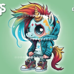 Chibi Streetwear Einhorn PNG | T-Shirt Aufkleber, digitale Datei, Fabelwesen, Urban Streetwear Sublimation, kleines Pony