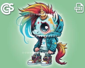 Chibi Streetwear Unicorn PNG | T-Shirt Sticker Digital File, Mythical Creatures, Urban Streetwear Sublimation, Little Pony DTG Clipart