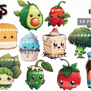 Cute Kawaii Food Bundle (10) PNG Files |  Fruits and Vegetables, Cake, Avocado, Sublimation, Instant Download, Foodie