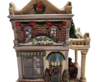 Hand-Painted Ceramic Flower Shop Christmas Village Figurine With Glitter Accents Made In China