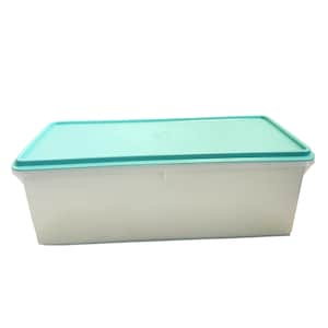 Puede incluir: Un recipiente de almacenamiento rectangular con una base blanca translúcida y una tapa sólida de color turquesa claro. El recipiente presenta una superficie plana y lisa en la tapa, con un diseño sencillo y funcional para organizar objetos.