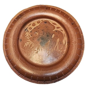 Vtg Earthenware Clay Terracotta Wicker Rim Round Flat Fish Decorative Plate