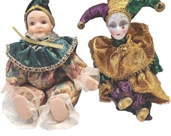 Porcelain Jester Dolls Harlequin Style Collectible with Detailed Outfit Set of 2