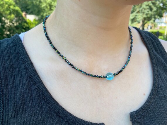Black Iridescent Beaded Necklace With Teal Circle Bead 16.75 Etsy