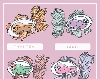 Mignon Bubble Tea | Autocollant vinyle Boba Fish (thé thaïlandais, taro, melon d’hiver, fraise)