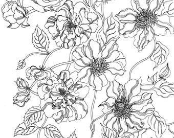 Pretty Hand-Drawn, High Resolution Coloring Page by Binna Kim | Floral Coloring Sheet, Detailed Flower Drawing |