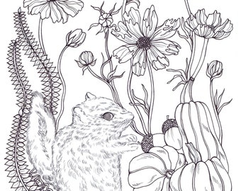 Hand-drawn Pretty Animal Coloring Page by Binna Kim Art | High-resolution, Detailed Coloring Sheet, Cute Chipmunk