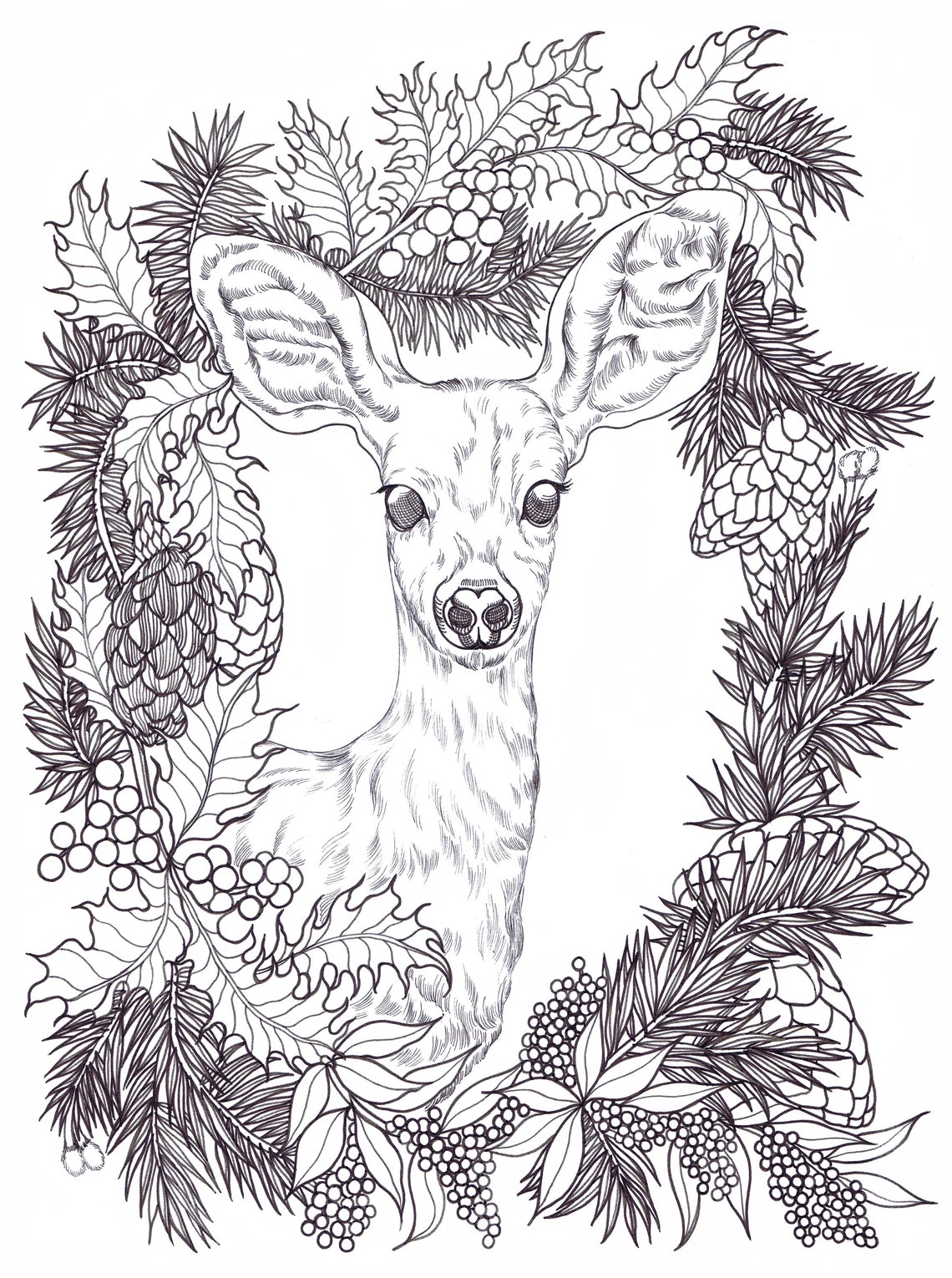 Happy Holidays Deer Printable Coloring Pages From Binna Kim Etsy