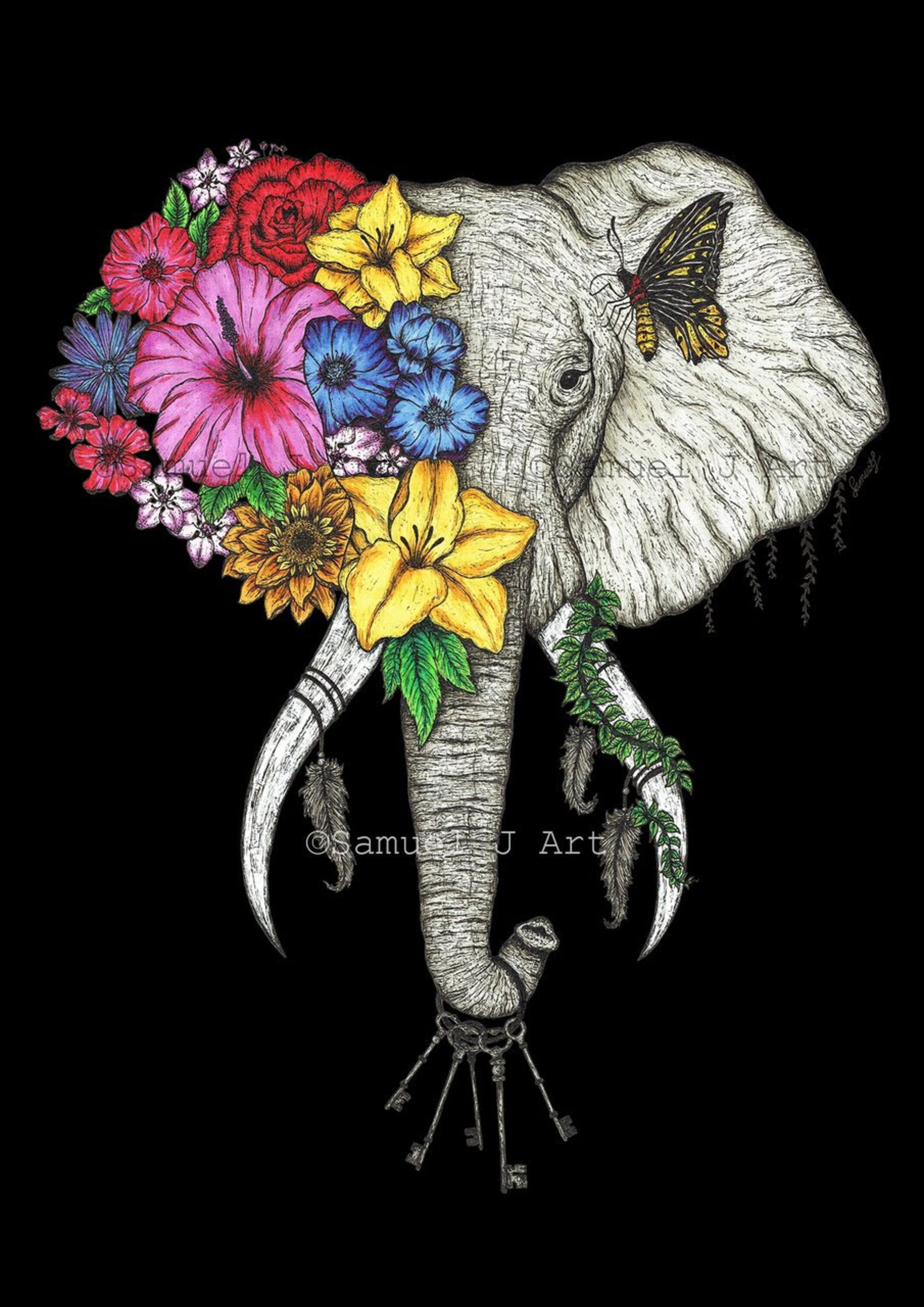 Floral Elephant Art Print Coloured Etsy