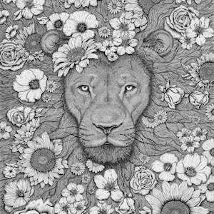 Art Print - Floral Lion in Black & White