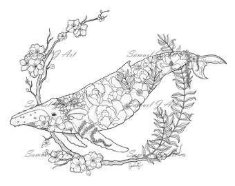 Floral Whale - Colouring In (Digital File)