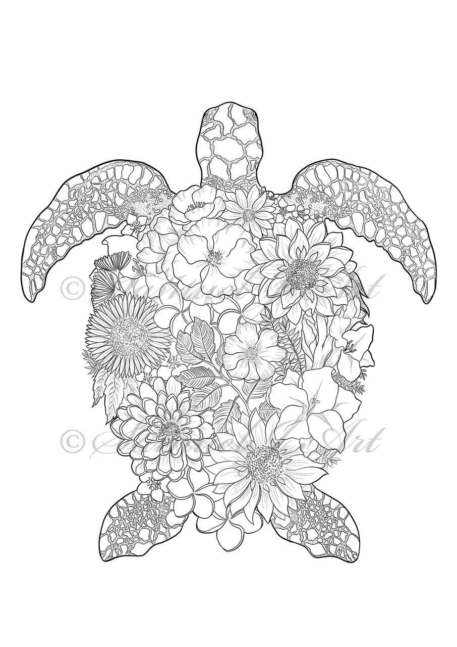 Floral Turtle Colouring in digital File - Etsy Norway