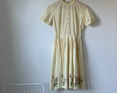 vintage 50s embroidered floral dress Jonathan Logan light yellow 1960s 60s 1950s flowy pastel butter yellow cotton poplin embroidery lilac
