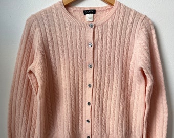 vintage J. Crew lambswool cable knit cardigan sweater y2k jcrew pastel light pale pink lambs wool sweater size small