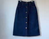 vintage 70s foxtails button front denim jean skirt 80s 1970s indigo dark wash 26 waist