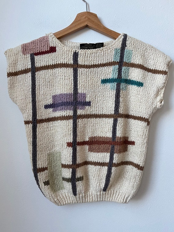 vintage 80s abstract knit sweater vest cotton ram… - image 1