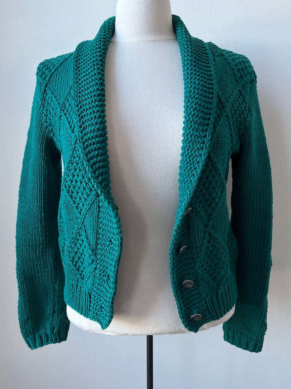 vintage 70s 80s teal cotton shawl collared cardig… - image 6
