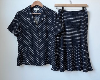 vintage NWT 90s silk polka dot matching skirt & blouse two piece set navy blue by casual corner deadstock