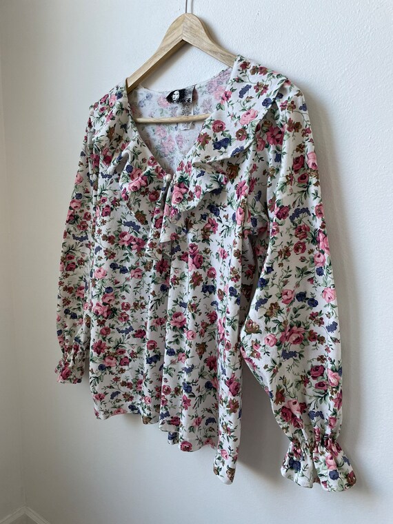 vintage 90s frilly ruffled floral print blouse 19… - image 4